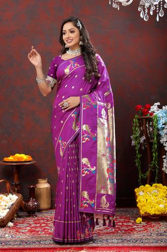 Lookslady Womens New Soft Paithani Silk Wine Color Gold Zari Woven Paithani Saree With Unstitched Matching Blouse