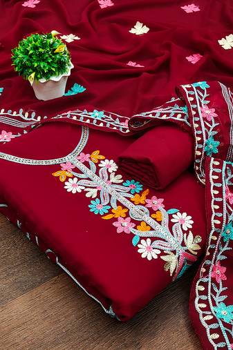 Women's red unstitched sequence work georgette dress material 