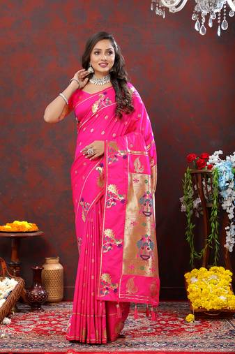 Lookslady Womens New Soft Paithani Silk Rani Pink Color Gold Zari Woven Paithani Saree With Unstitched Matching Blouse