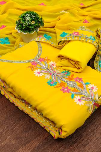 Women's yellow unstitched sequence work georgette dress material 