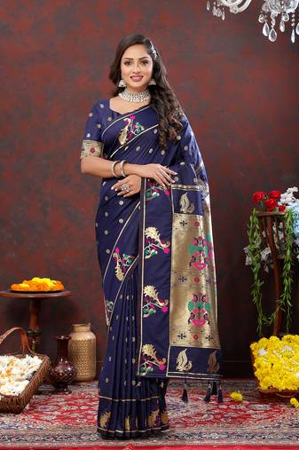 Lookslady Womens New Soft Paithani Silk Navy Blue Color Gold Zari Woven Paithani Saree With Unstitched Matching Blouse