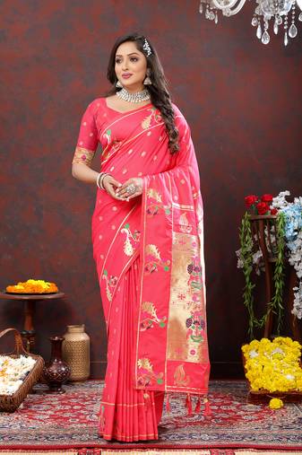 Lookslady Womens New Soft Paithani Silk Pink Color Gold Zari Woven Paithani Saree With Unstitched Matching Blouse