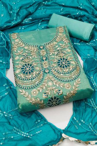 Women's sea green unstitched multi embroidery viscose dress material 