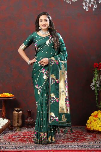 Lookslady Womens New Soft Paithani Silk Green Color Gold Zari Woven Paithani Saree With Unstitched Matching Blouse