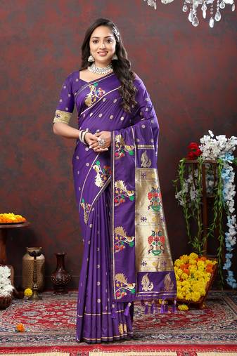 Lookslady Womens New Soft Paithani Silk Purple Color Gold Zari Woven Paithani Saree With Unstitched Matching Blouse