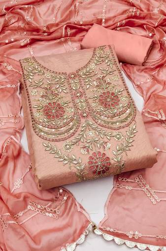 Women's baby pink unstitched multi embroidery viscose dress material 