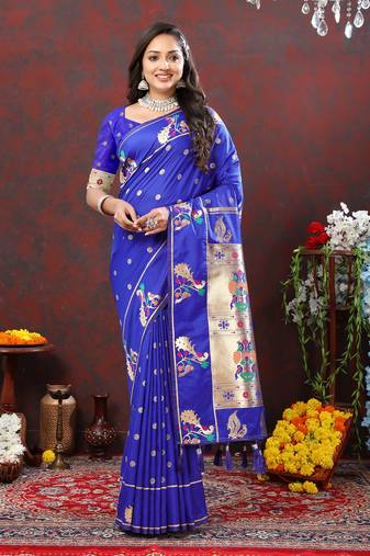Lookslady Womens New Soft Paithani Silk Royal Blue Color Gold Zari Woven Paithani Saree With Unstitched Matching Blouse
