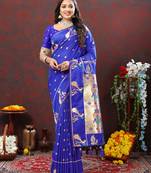 Lookslady Womens New Soft Paithani Silk Royal Blue Color Gold Zari Woven Paithani Saree With Unstitched Matching Blouse