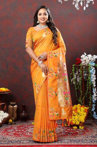 Lookslady Womens New Soft Paithani Silk Orange Color Gold Zari Woven Paithani Saree With Unstitched Matching Blouse