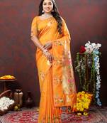 Lookslady Womens New Soft Paithani Silk Orange Color Gold Zari Woven Paithani Saree With Unstitched Matching Blouse