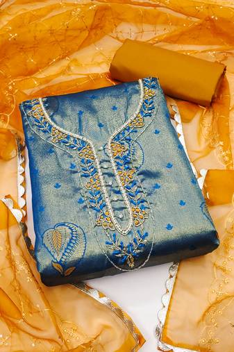 Women's royal blue unstitched handwork simmar banarasi jacquard dress material 