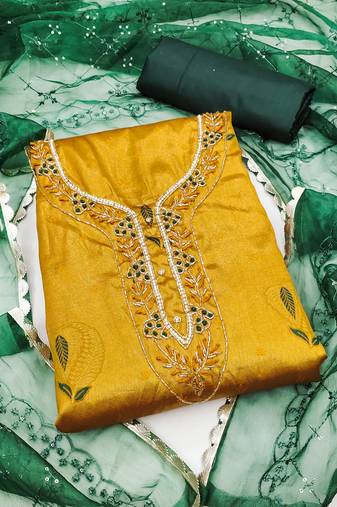 Women's yellow unstitched handwork simmar banarasi jacquard dress material 