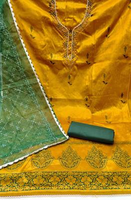 Women's yellow handwork simmar banarasi jacquard dress material 2