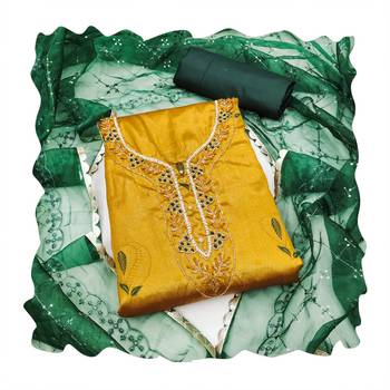 Women's yellow handwork simmar banarasi jacquard dress material 3