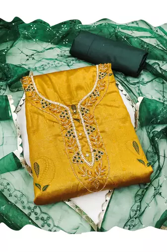 Women's yellow handwork simmar banarasi jacquard dress material