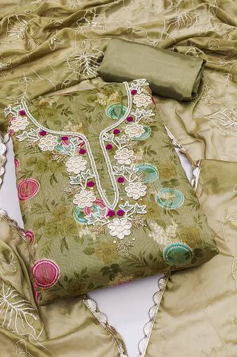 Women's green unstitched handwork modal banarasi jacquard dress material 