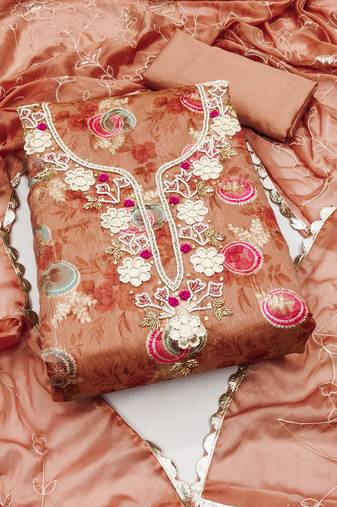 Women's peach unstitched handwork modal banarasi jacquard dress material 