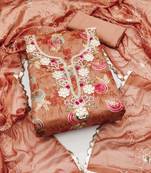 Women's peach unstitched handwork modal banarasi jacquard dress material