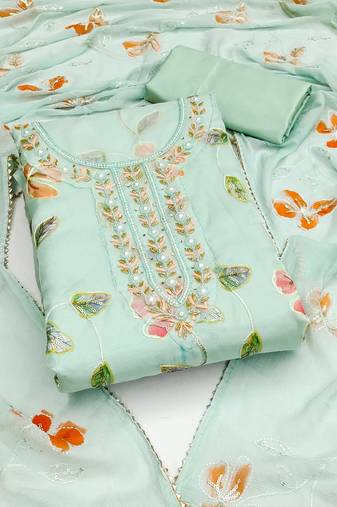 Women's sea green unstitched position print organza dress material 