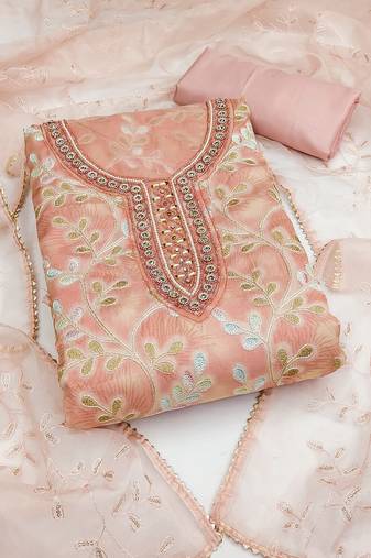 Women's light peach unstitched position print organza dress material 