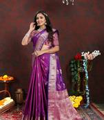 Lookslady Womens New Soft Silk Purple Color Zari Weaving Saree With Unstitched Contrast Blouse