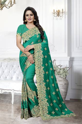 Rama Green Zari Embroidery Work Silk Saree