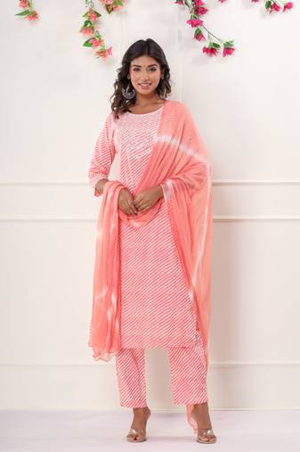 Pink leheriya printed with embroidered work cotton straight kurta with pant and dupatta set
