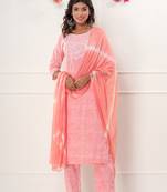 Pink leheriya printed with embroidered work cotton straight kurta with pant and dupatta set