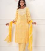 Yellow leheriya printed with embroidered work cotton straight kurta with pant and dupatta set