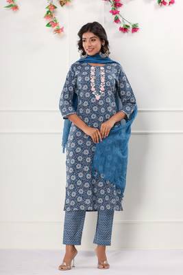 Blue floral printed and embroidered work cotton straight kurta with pant and dupatta set 1