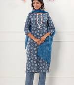 Blue floral printed and embroidered work cotton straight kurta with pant and dupatta set