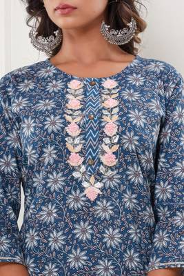 Blue floral printed and embroidered work cotton straight kurta with pant and dupatta set 2
