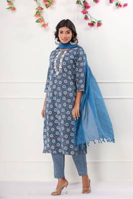 Blue floral printed and embroidered work cotton straight kurta with pant and dupatta set 3