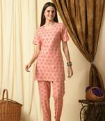 Pink ethnic motif printed work rayon top and pant set