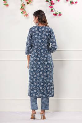 Blue floral printed and embroidered work cotton straight kurta with pant and dupatta set 4