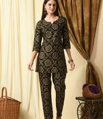Black ethnic motif printed work rayon top and pant set