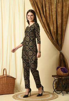 Black ethnic motif printed work rayon top and pant set 3