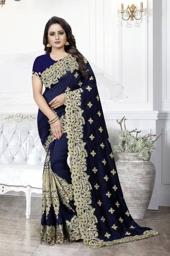 Navy Blue Heavy Zari Embroidery Silk Saree