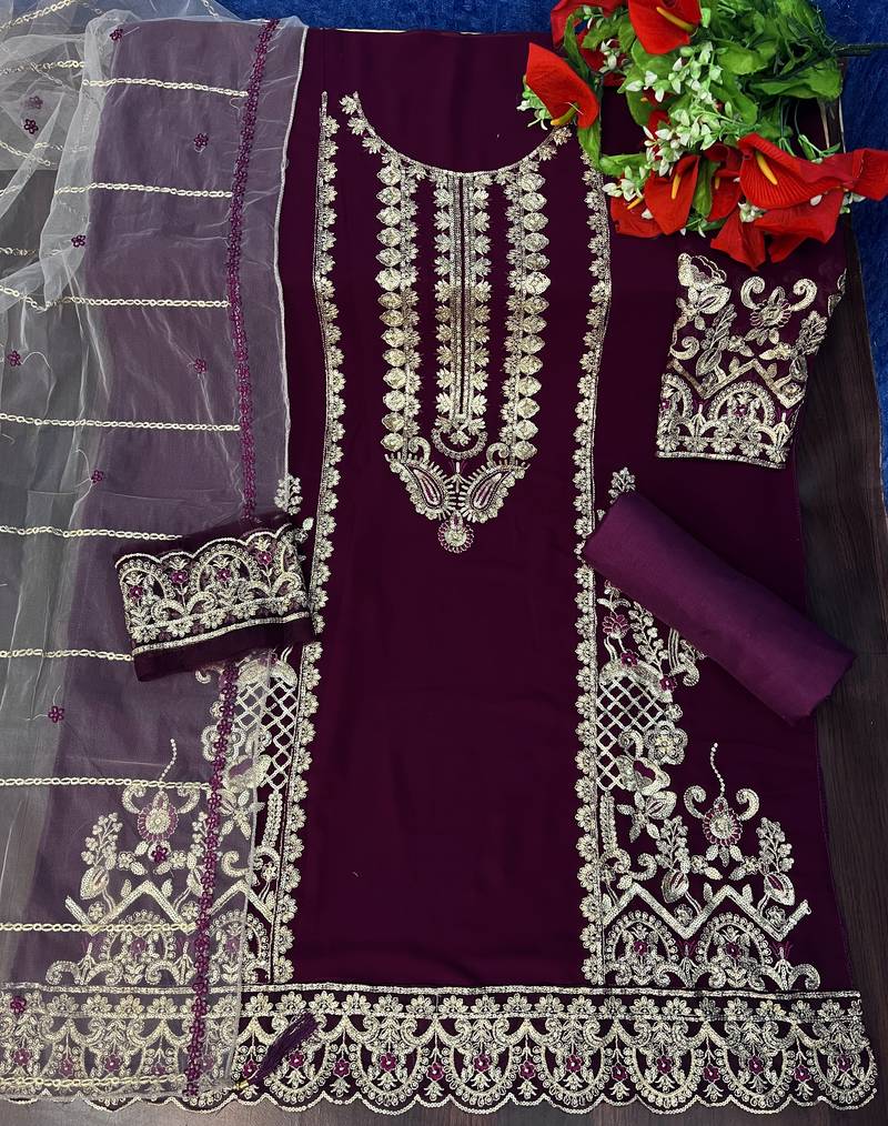 georgette embroidered pakistani salwar suit for women | semi-stitched top and un-stitched bottom with duppata