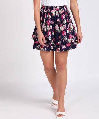 Vahson printed layered & flared above knee a-line crepe skirt midi for women blue 1