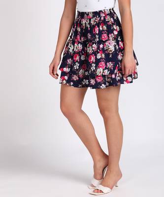 Vahson printed layered & flared above knee a-line crepe skirt midi for women blue 2