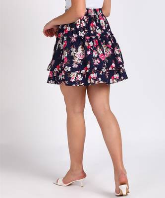 Vahson printed layered & flared above knee a-line crepe skirt midi for women blue 3