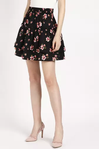 Vahson printed layered & flared above knee a-line crepe skirt midi for women black