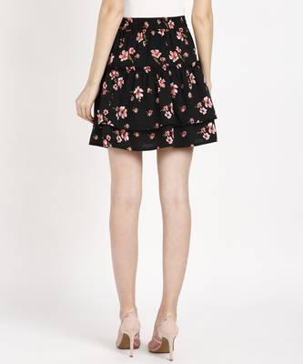 Vahson printed layered & flared above knee a-line crepe skirt midi for women black 2