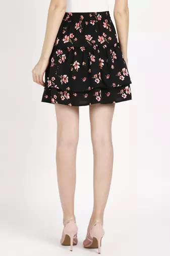 Vahson printed layered & flared above knee a-line crepe skirt midi for women black
