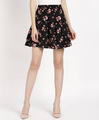 Vahson printed layered & flared above knee a-line crepe skirt midi for women black 3