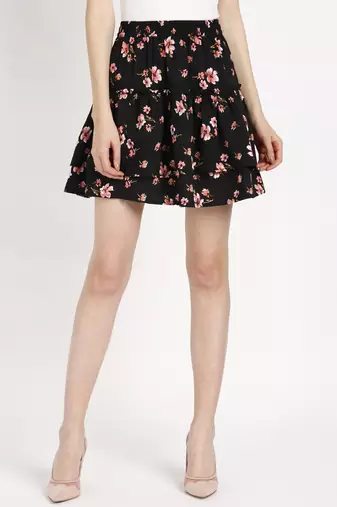 Vahson printed layered & flared above knee a-line crepe skirt midi for women black