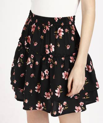 Vahson printed layered & flared above knee a-line crepe skirt midi for women black 4