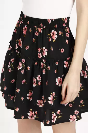 Vahson printed layered & flared above knee a-line crepe skirt midi for women black