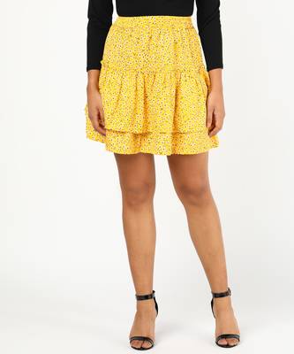 Vahson printed layered & flared above knee a-line crepe skirt midi for women yellow 1